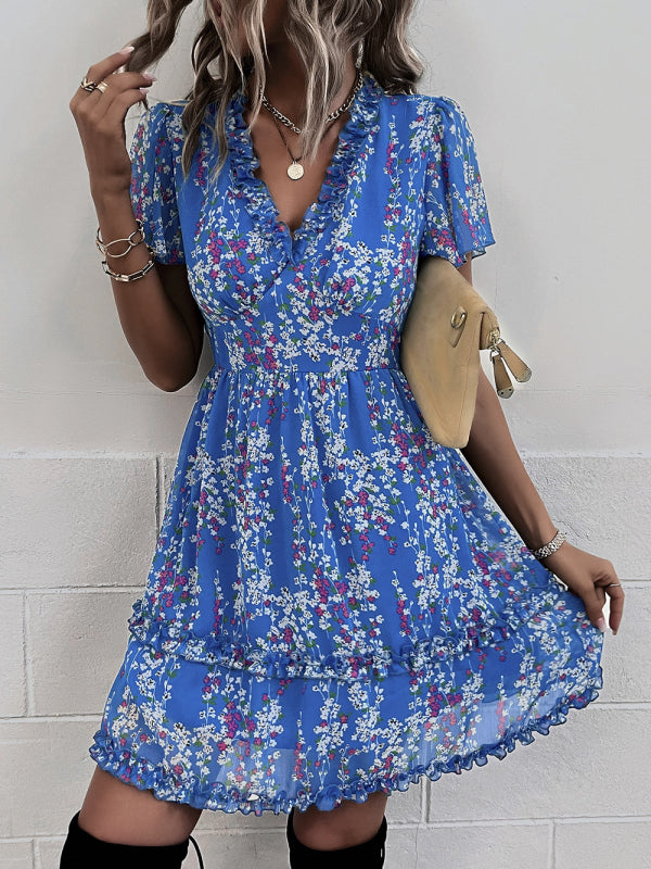 Dress- Tiered Ruffle Floral Mini Dress- - IndioGear Fashion and Gear