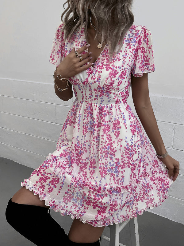 Dress- Tiered Ruffle Floral Mini Dress- - IndioGear Fashion and Gear