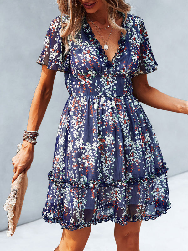 Dress- Tiered Ruffle Floral Mini Dress- Navy Blue- IndioGear Fashion and Gear