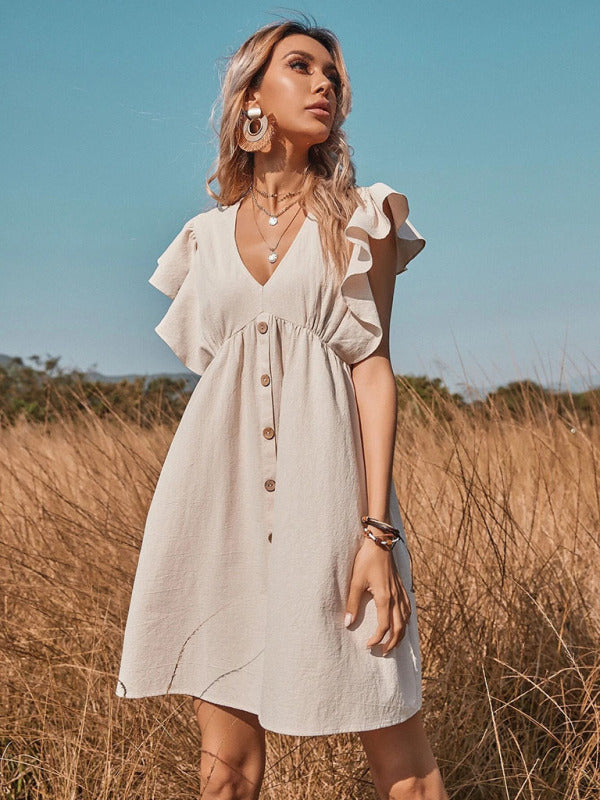 Dress- Trendy Button Up Mini Dresses with Ruffle Accents- - IndioGear Fashion and Gear