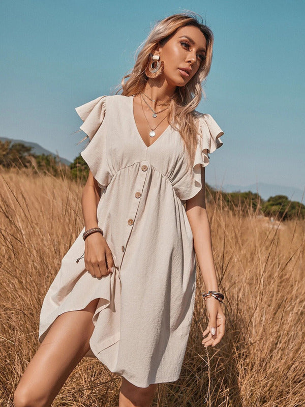 Dress- Trendy Button Up Mini Dresses with Ruffle Accents- - IndioGear Fashion and Gear