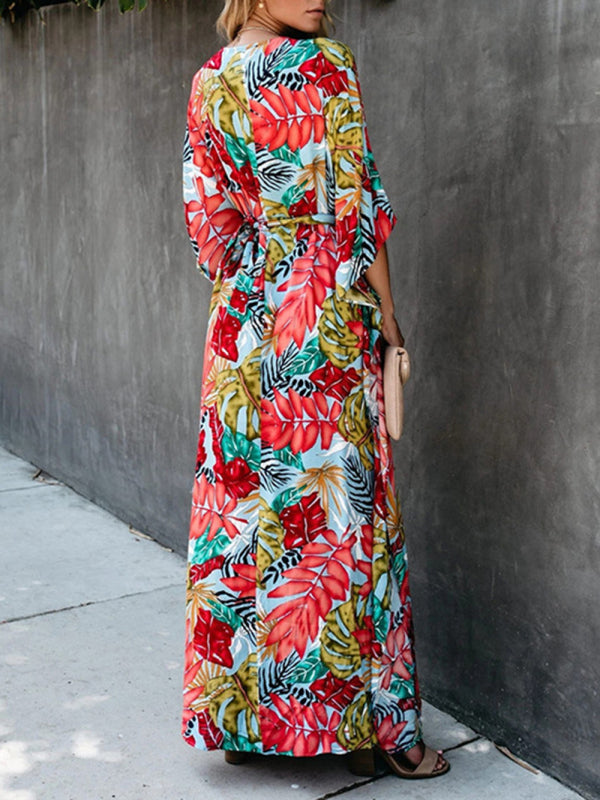 Dress- Vacation Floral Surplice Cotton Maxi Dress- - IndioGear Fashion and Gear