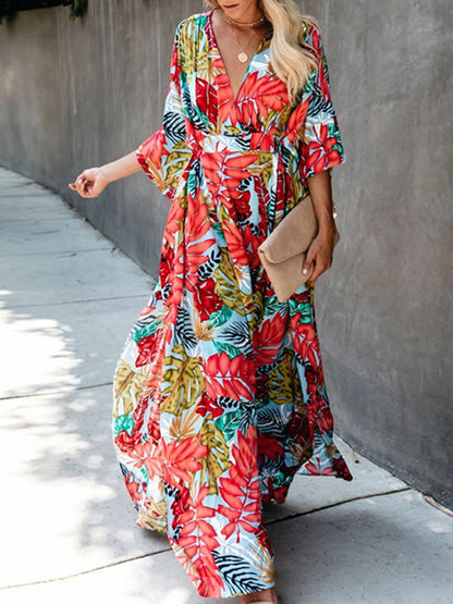 Dress- Vacation Floral Surplice Cotton Maxi Dress- - IndioGear Fashion and Gear