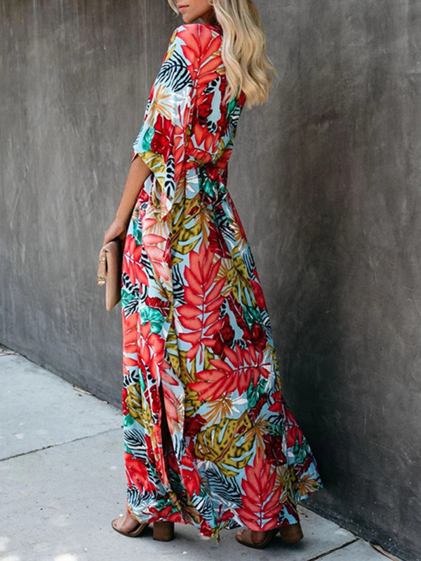 Dress- Vacation Floral Surplice Cotton Maxi Dress- - IndioGear Fashion and Gear