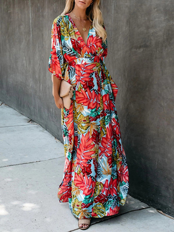 Dress- Vacation Floral Surplice Cotton Maxi Dress- - IndioGear Fashion and Gear