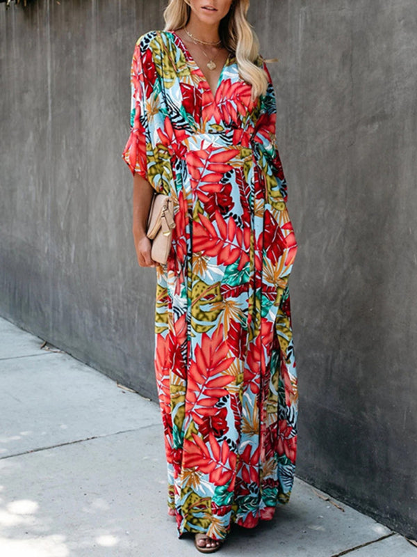 Dress- Vacation Floral Surplice Cotton Maxi Dress- - IndioGear Fashion and Gear