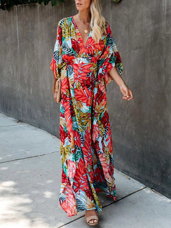 Dress- Vacation Floral Surplice Cotton Maxi Dress- - IndioGear Fashion and Gear