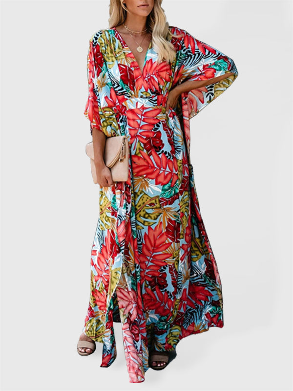 Dress- Vacation Floral Surplice Cotton Maxi Dress- Orange Red- IndioGear Fashion and Gear