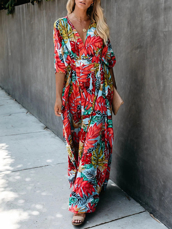 Dress- Vacation Floral Surplice Cotton Maxi Dress- - IndioGear Fashion and Gear