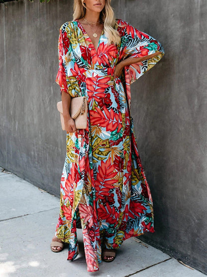 Dress- Vacation Floral Surplice Cotton Maxi Dress- - IndioGear Fashion and Gear