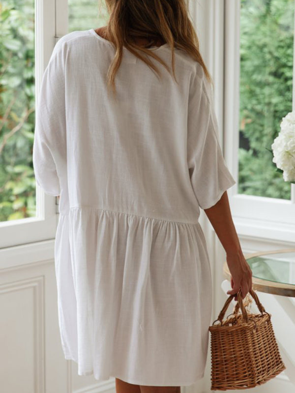 Dress- Vacation Solid Cotton Flowy Button-Up Oversized Dress- - IndioGear Fashion and Gear