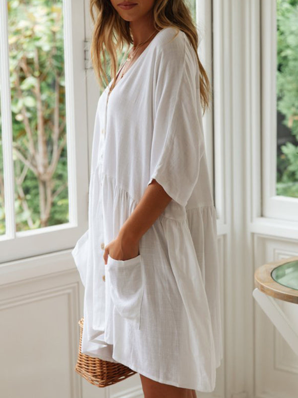 Dress- Vacation Solid Cotton Flowy Button-Up Oversized Dress- - IndioGear Fashion and Gear