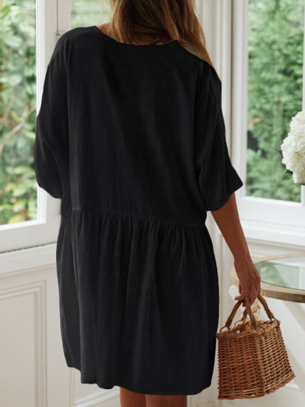 Dress- Vacation Solid Cotton Flowy Button-Up Oversized Dress- - IndioGear Fashion and Gear