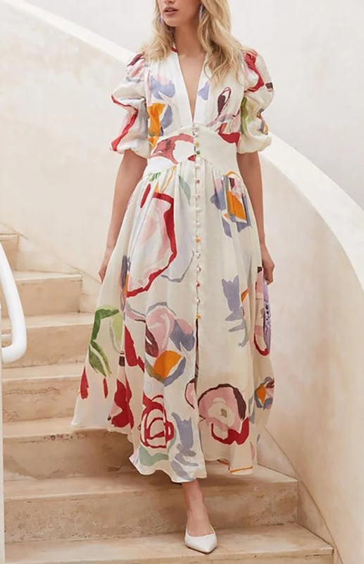 Dress- Vibrant Elegance: Women's Flowy Skirt Short Puffed Sleeves Maxi Dress- Print on white- IndioGear Fashion and Gear