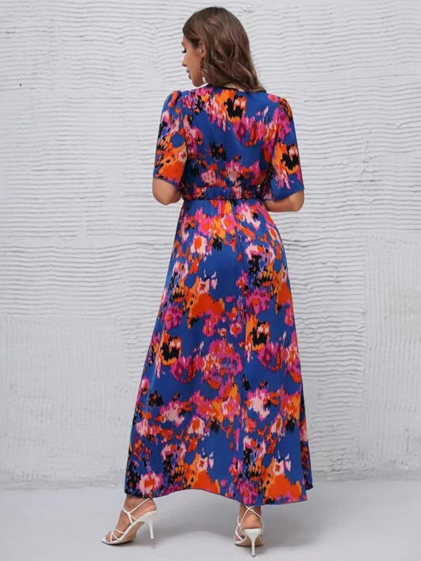 Dress- Vibrant Floral Surpliced V Neck Maxi Vacation Dress- - IndioGear Fashion and Gear