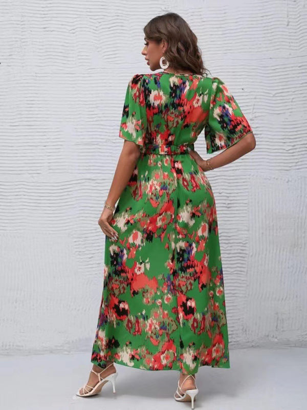 Dress- Vibrant Floral Surpliced V Neck Maxi Vacation Dress- - IndioGear Fashion and Gear