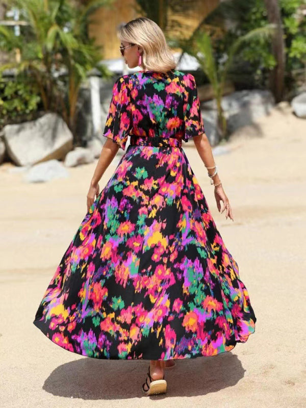 Dress- Vibrant Floral Surpliced V Neck Maxi Vacation Dress- - IndioGear Fashion and Gear