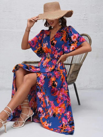 Dress- Vibrant Floral Surpliced V Neck Maxi Vacation Dress- - IndioGear Fashion and Gear