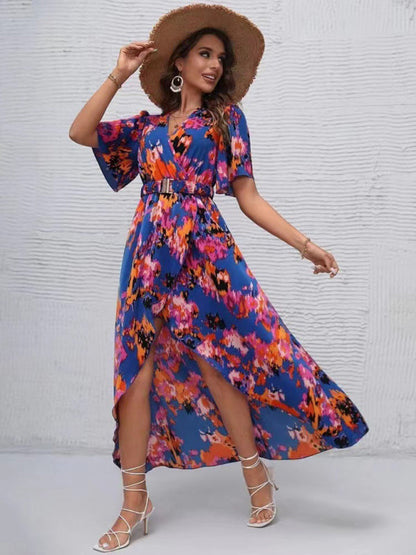 Dress- Vibrant Floral Surpliced V Neck Maxi Vacation Dress- - IndioGear Fashion and Gear