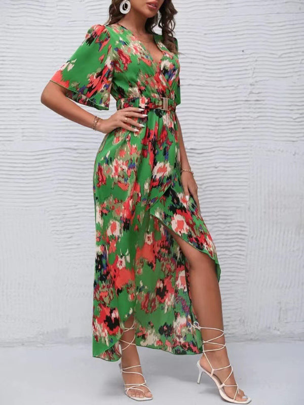 Dress- Vibrant Floral Surpliced V Neck Maxi Vacation Dress- Green- IndioGear Fashion and Gear