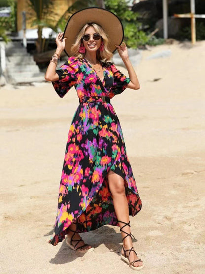 Dress- Vibrant Floral Surpliced V Neck Maxi Vacation Dress- - IndioGear Fashion and Gear