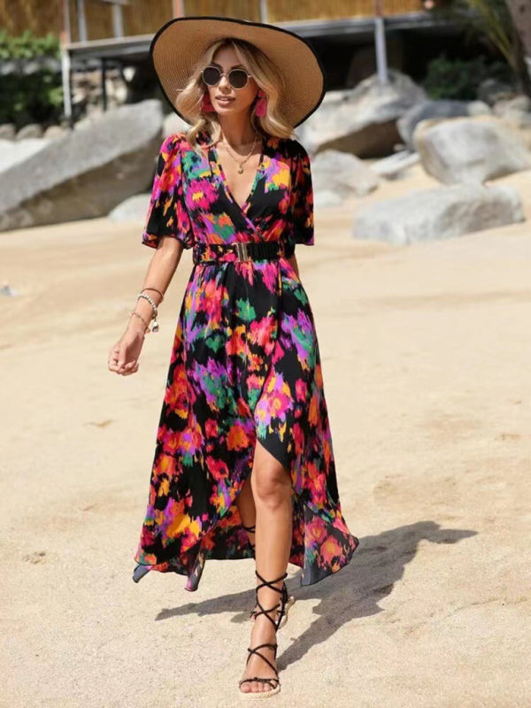 Dress- Vibrant Floral Surpliced V Neck Maxi Vacation Dress- Black- IndioGear Fashion and Gear