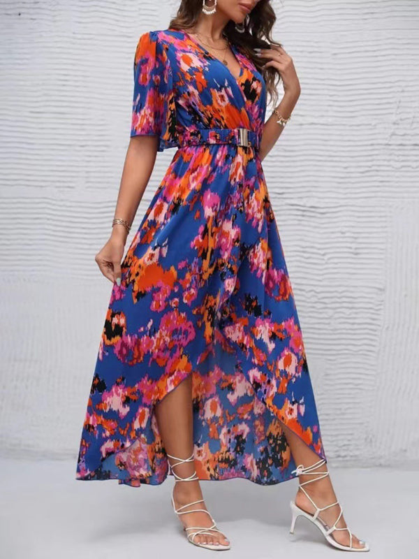 Dress- Vibrant Floral Surpliced V Neck Maxi Vacation Dress- - IndioGear Fashion and Gear