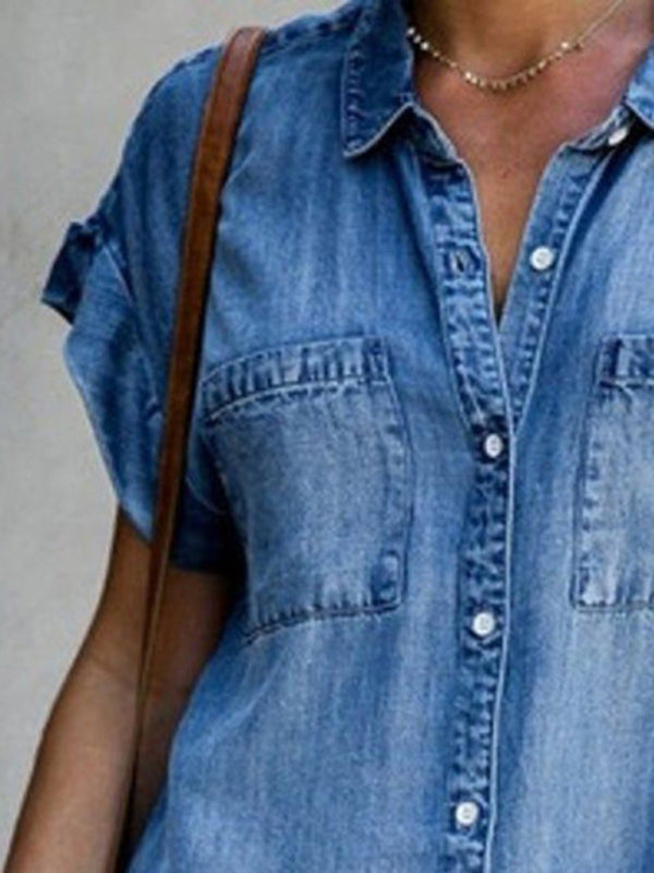 Dress- Women's Casual Denim Jean Mini Shirt Dresses- - IndioGear Fashion and Gear