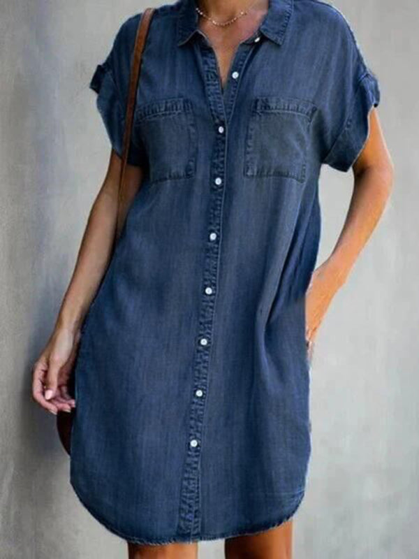 Dress- Women's Casual Denim Jean Mini Shirt Dresses- Dark blue- IndioGear Fashion and Gear