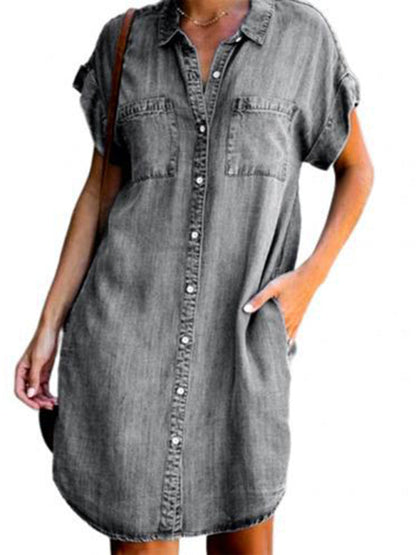 Dress- Women's Casual Denim Jean Mini Shirt Dresses- Grey- IndioGear Fashion and Gear