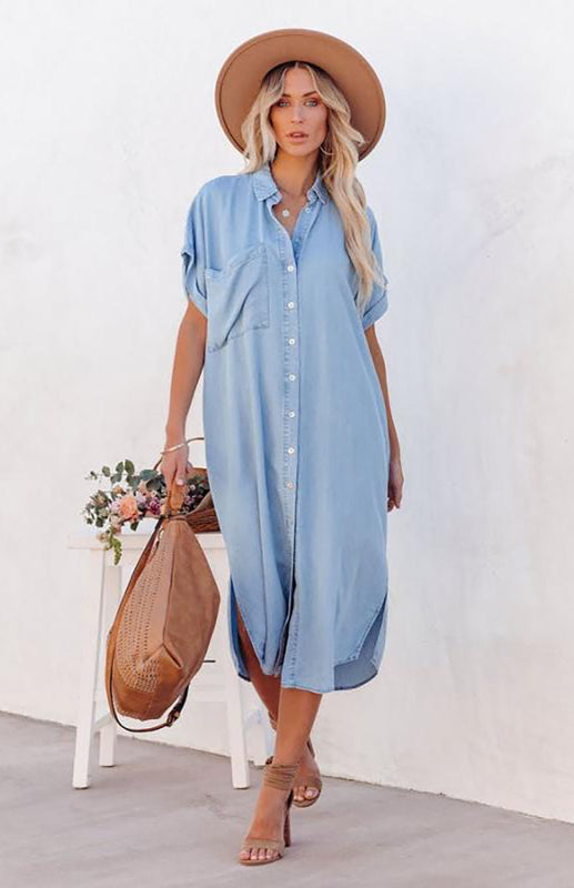 Dress- Women's Chambray Shirt Dress - Timeless Fashion, Maximum Comfort!- Blue- IndioGear Fashion and Gear