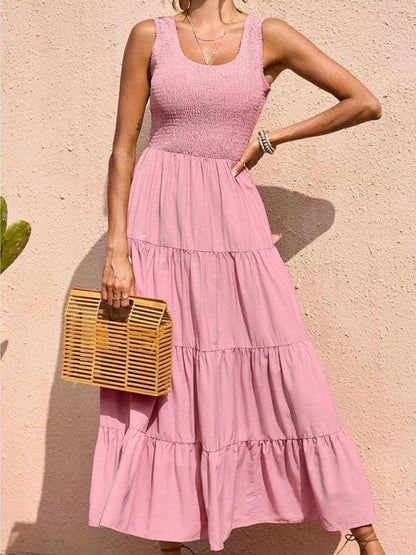 Dress- Women's Maxi Tank Dress with Tiered Ruffle Skirt- Pink- IndioGear Fashion and Gear