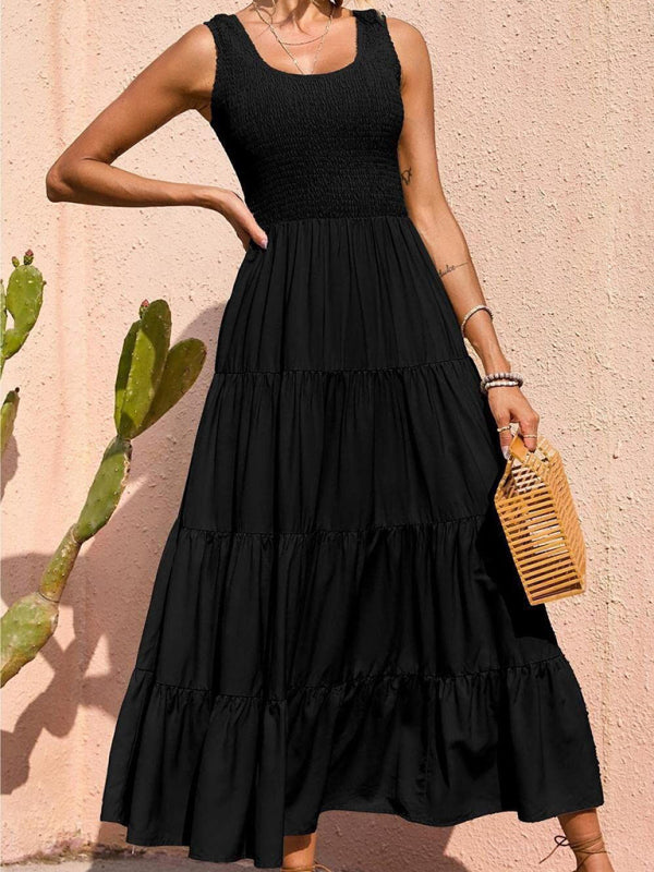 Dress- Women's Maxi Tank Dress with Tiered Ruffle Skirt- Black- IndioGear Fashion and Gear