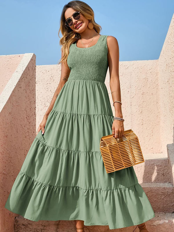 Dress- Women's Maxi Tank Dress with Tiered Ruffle Skirt- - IndioGear Fashion and Gear