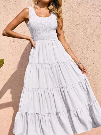 Dress- Women's Maxi Tank Dress with Tiered Ruffle Skirt- - IndioGear Fashion and Gear