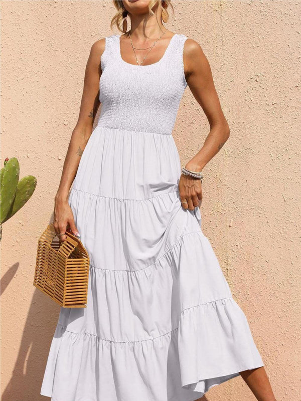 Dress- Women's Maxi Tank Dress with Tiered Ruffle Skirt- White- IndioGear Fashion and Gear