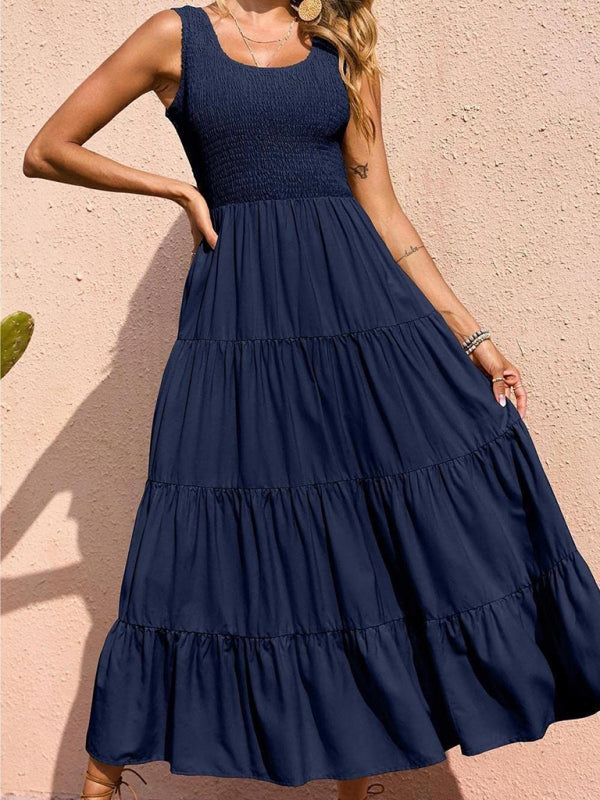 Dress- Women's Maxi Tank Dress with Tiered Ruffle Skirt- Navy Blue- IndioGear Fashion and Gear