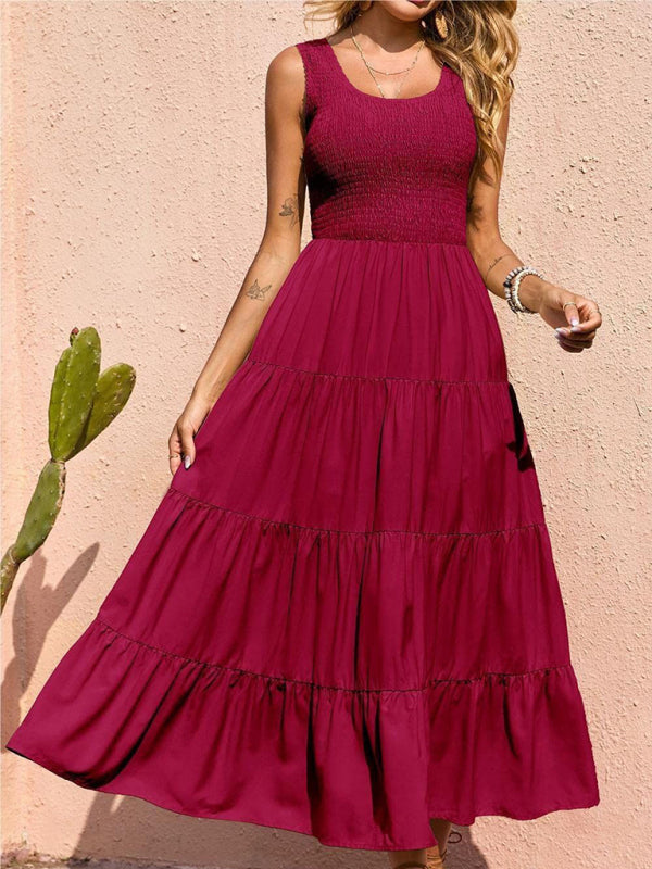 Dress- Women's Maxi Tank Dress with Tiered Ruffle Skirt- Wine Red- IndioGear Fashion and Gear