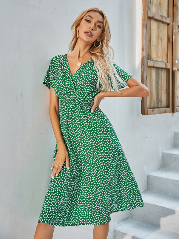 Dresses- Abstract Print Smocked Waist A-Line Midi Dress- - IndioGear Fashion and Gear