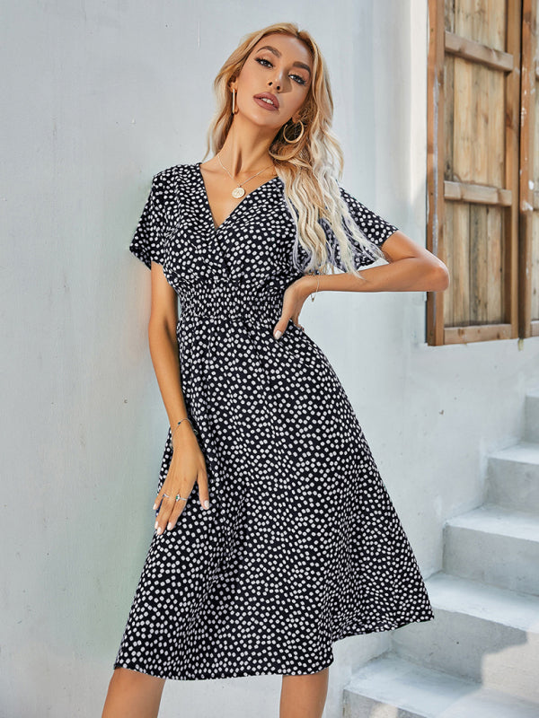 Dresses- Abstract Print Smocked Waist A-Line Midi Dress- - IndioGear Fashion and Gear