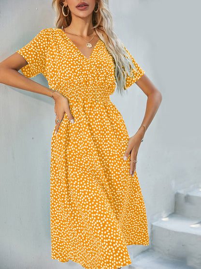 Dresses- Abstract Print Smocked Waist A-Line Midi Dress- Yellow- IndioGear Fashion and Gear