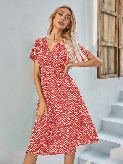 Dresses- Abstract Print Smocked Waist A-Line Midi Dress- - IndioGear Fashion and Gear