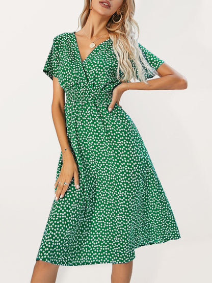 Dresses- Abstract Print Smocked Waist A-Line Midi Dress- Green- IndioGear Fashion and Gear