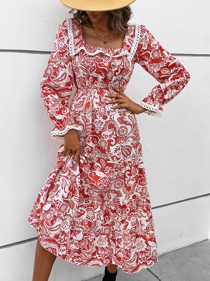 Dresses- Autumn Embroidered Square Neck Long Sleeve Midi Dress- - IndioGear Fashion and Gear