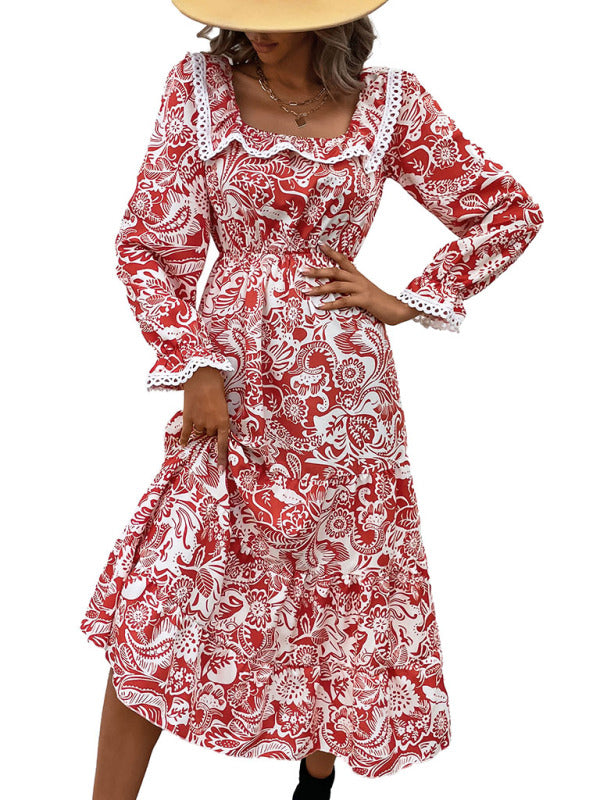 Dresses- Autumn Embroidered Square Neck Long Sleeve Midi Dress- - IndioGear Fashion and Gear