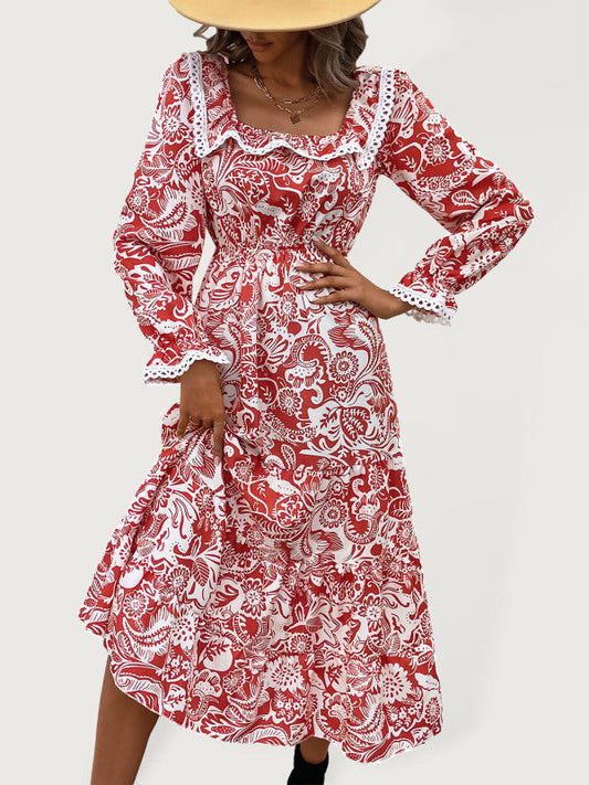 Dresses- Autumn Embroidered Square Neck Long Sleeve Midi Dress- Red- IndioGear Fashion and Gear