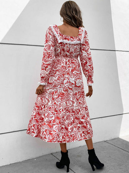 Dresses- Autumn Embroidered Square Neck Long Sleeve Midi Dress- - IndioGear Fashion and Gear