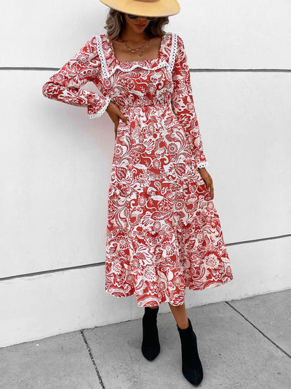 Dresses- Autumn Embroidered Square Neck Long Sleeve Midi Dress- - IndioGear Fashion and Gear