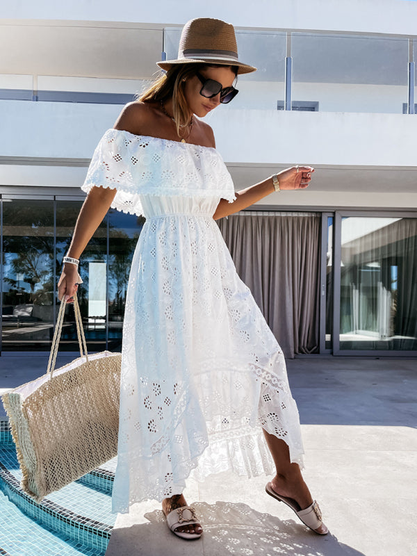 Dresses- Bohemian Lace Trim Off-Shoulder Midi Maxi Dress- - IndioGear Fashion and Gear