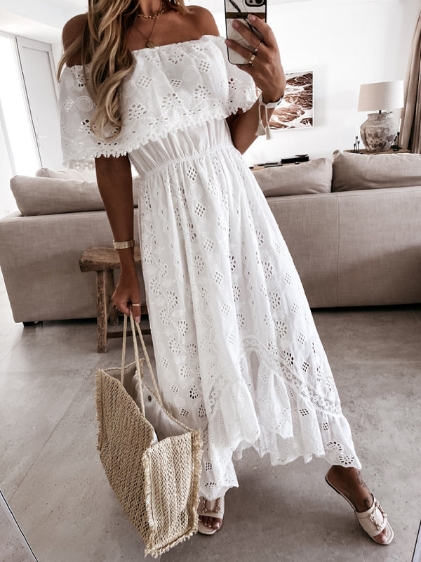 Dresses- Bohemian Lace Trim Off-Shoulder Midi Maxi Dress- - IndioGear Fashion and Gear